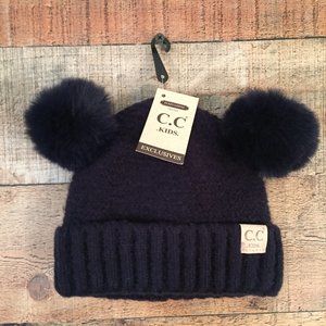 Adorable CC Kids Black Knit PomPom Hat One Sz NWT